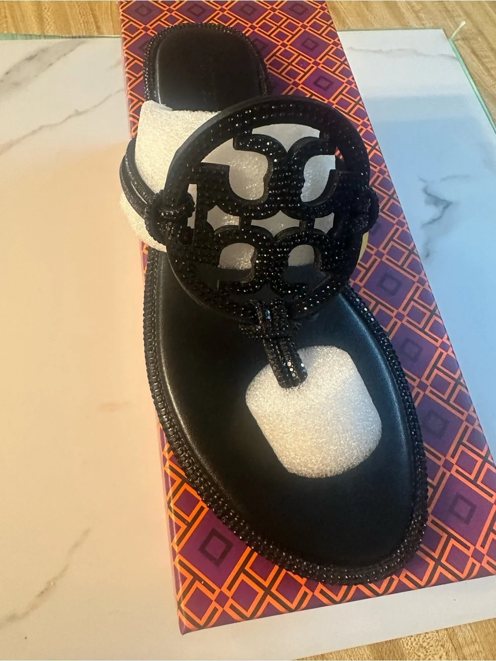 Tory Burch Black Crystal Logo Thong Sandal